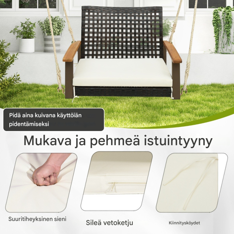 Valkoinen rottinki riippukeinutuoli pehmusteilla ulkokäyttöön Valkoinen rottinki riippukeinutuoli pehmusteilla ulkokäyttöön