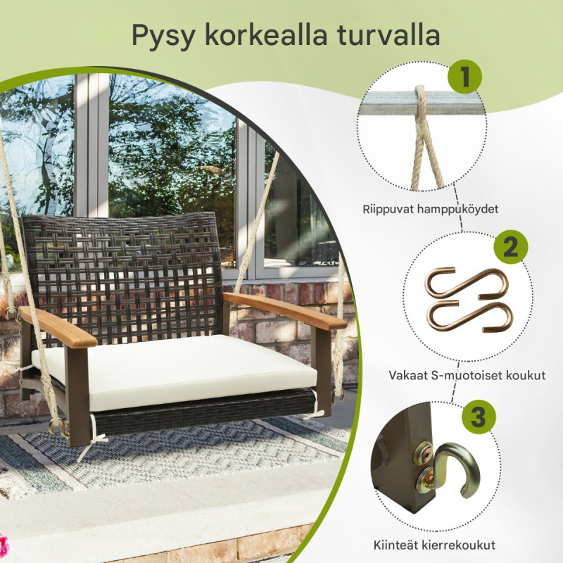 Valkoinen rottinki riippukeinutuoli pehmusteilla ulkokäyttöön Valkoinen rottinki riippukeinutuoli pehmusteilla ulkokäyttöön