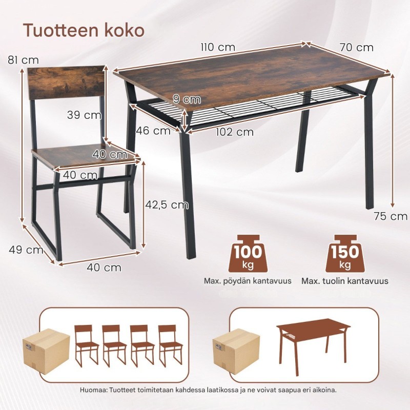 Ruokailuryhmä 5-osainen rustiikkinen pöytä ja tuolit