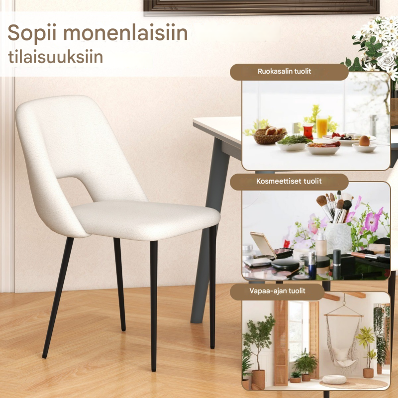 Kaksi beigeä ruokapöydän tuolia samettityynyllä ja metallirungolla