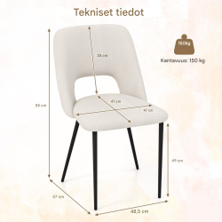 Kaksi beigeä ruokapöydän tuolia samettityynyllä ja metallirungolla