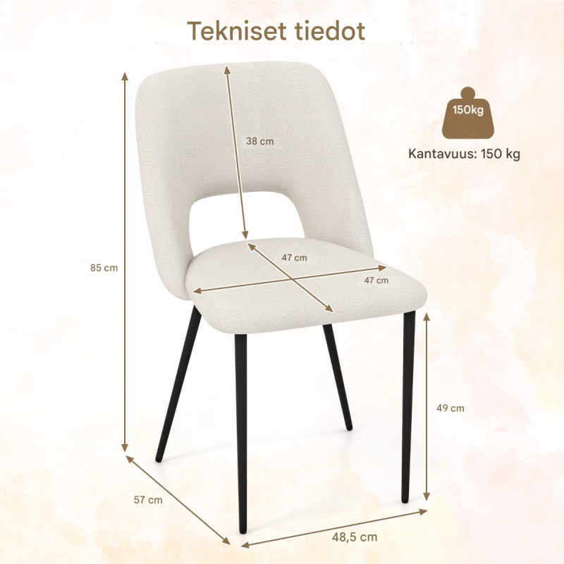 Kaksi beigeä ruokapöydän tuolia samettityynyllä ja metallirungolla