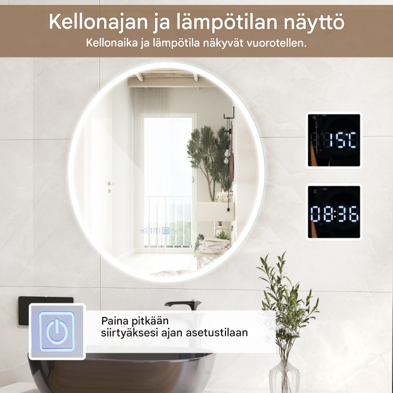 Hopeapeili anti-huurre LED-valaistuksella ja kosketusohjauksella