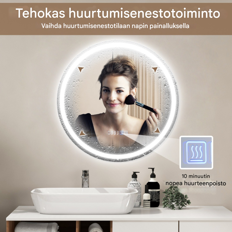 Hopeapeili anti-huurre LED-valaistuksella ja kosketusohjauksella