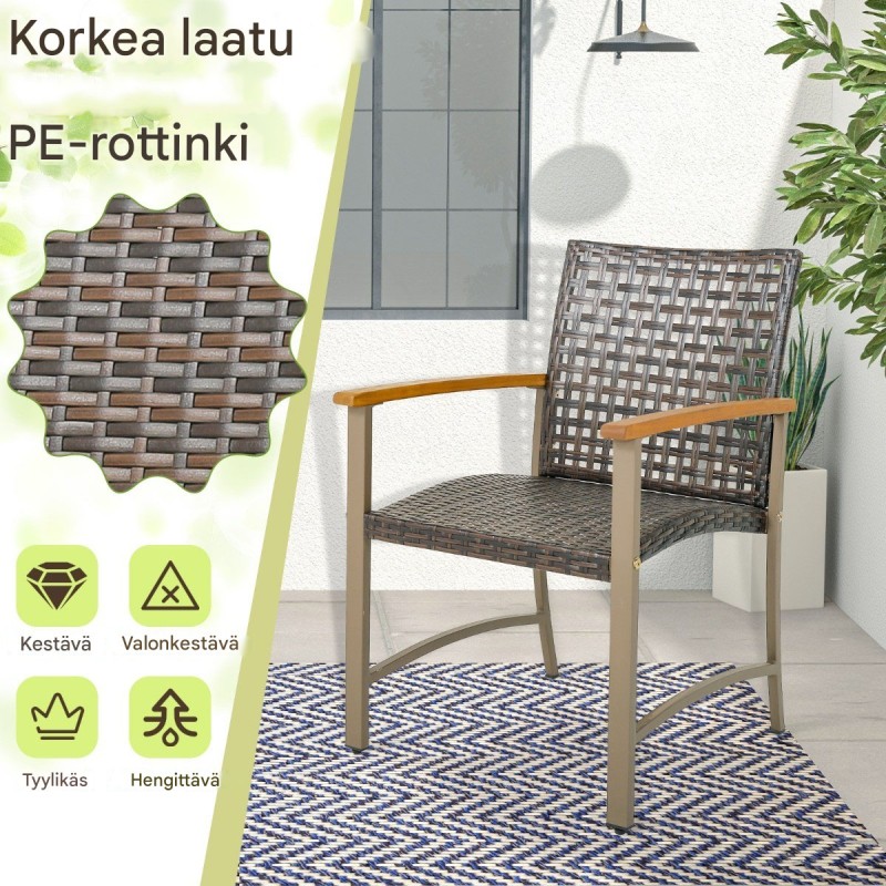 Neljän ruskean rottinkituolin setti akasiapuukäsinojilla