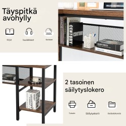 L-muotoinen kulmapöytä hyllyillä, rustiikkinen ruskea, teollinen tyyli