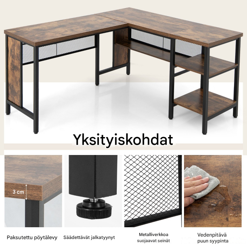 L-muotoinen kulmapöytä hyllyillä, rustiikkinen ruskea, teollinen tyyli