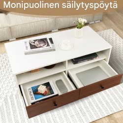Valkoinen sohvapöytä säilytystilalla ja väriblokattu muotoilu Valkoinen sohvapöytä säilytystilalla ja väriblokattu muotoilu