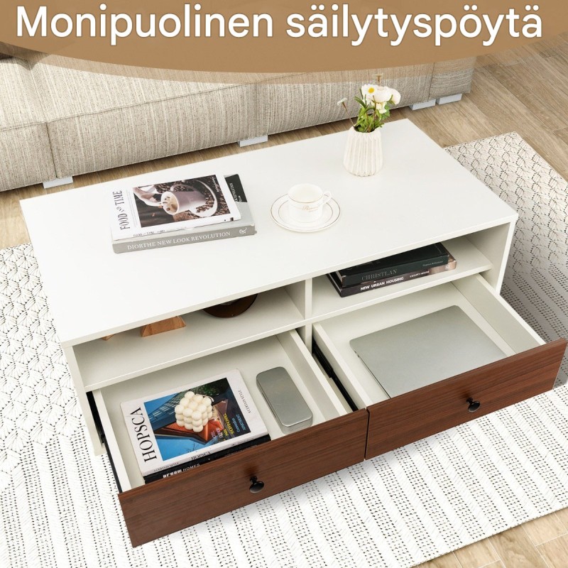 Valkoinen sohvapöytä säilytystilalla ja väriblokattu muotoilu Valkoinen sohvapöytä säilytystilalla ja väriblokattu muotoilu