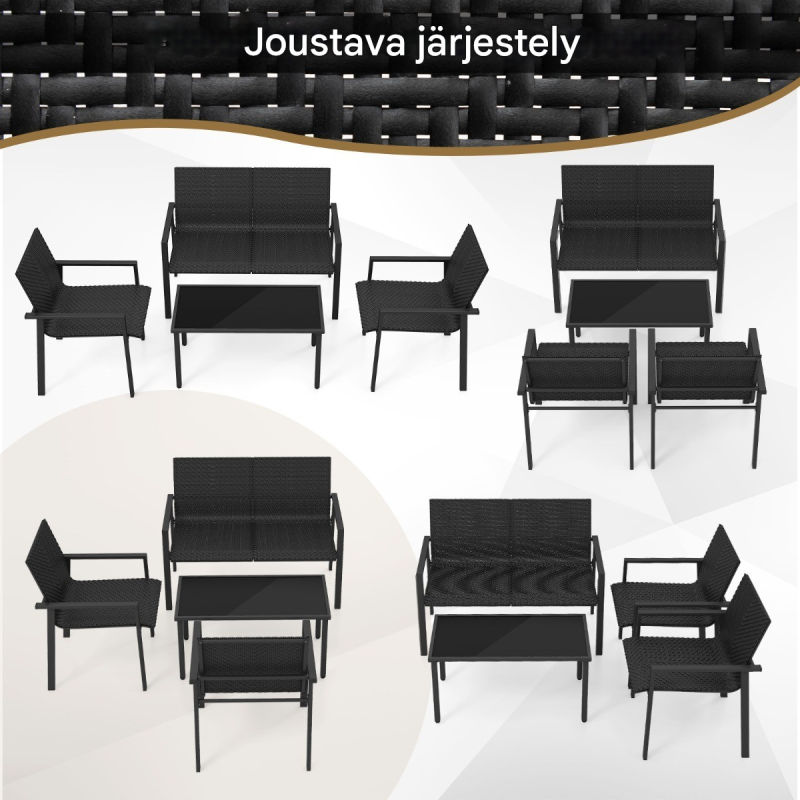Rottinkinen musta terassikalustesetti 4-osainen ulkokäyttöön