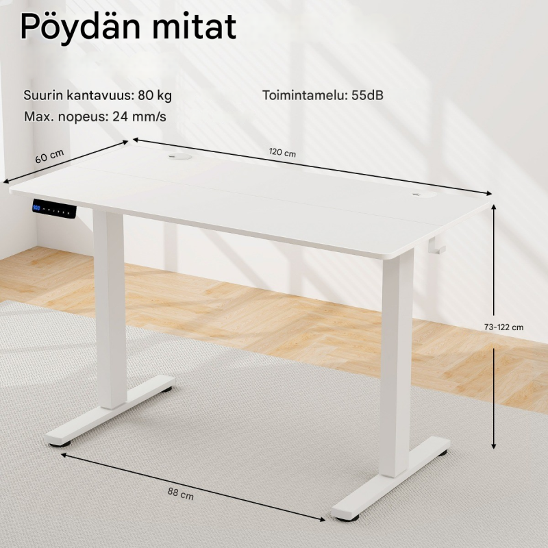 Sähköisesti säädettävä seisomapöytä 120x60 cm, rustiikkinen valkoinen