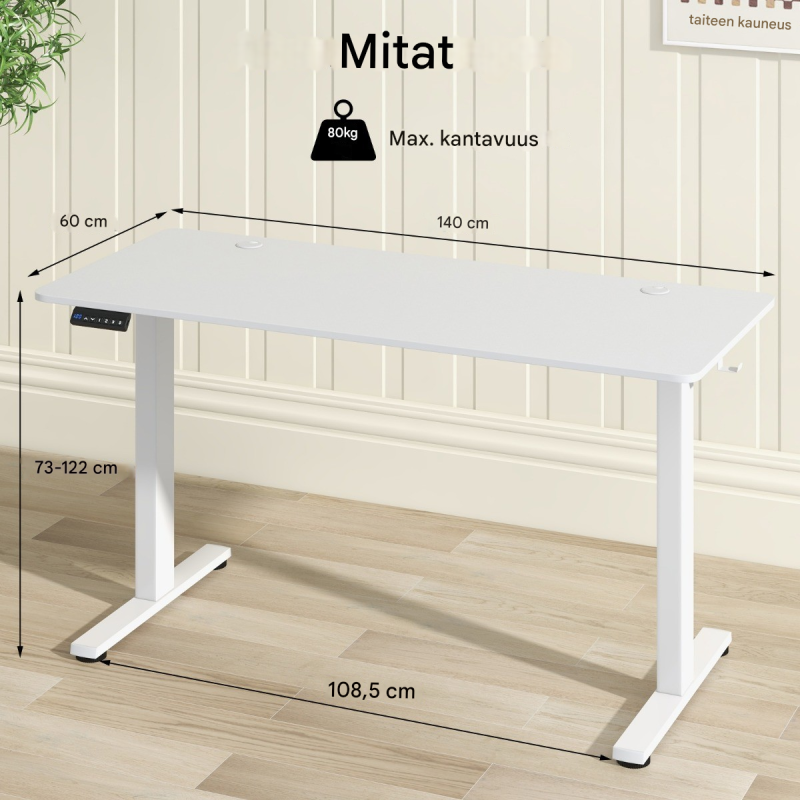 Säädettävä sähköpöytä 140x60 cm valkoinen ergonominen työpöytä