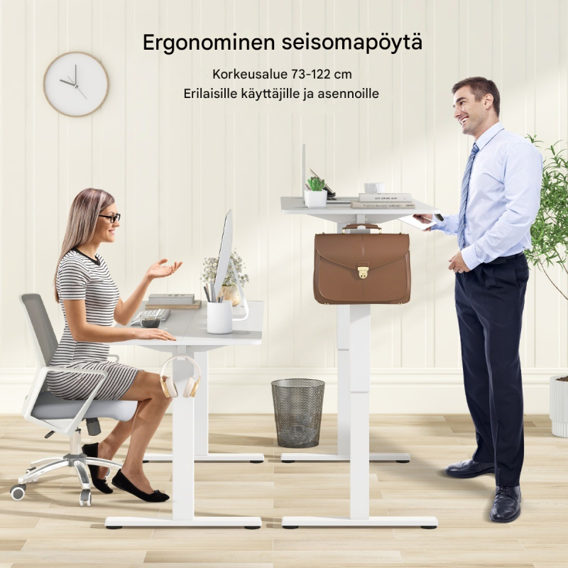 Säädettävä sähköpöytä 140x60 cm valkoinen ergonominen työpöytä