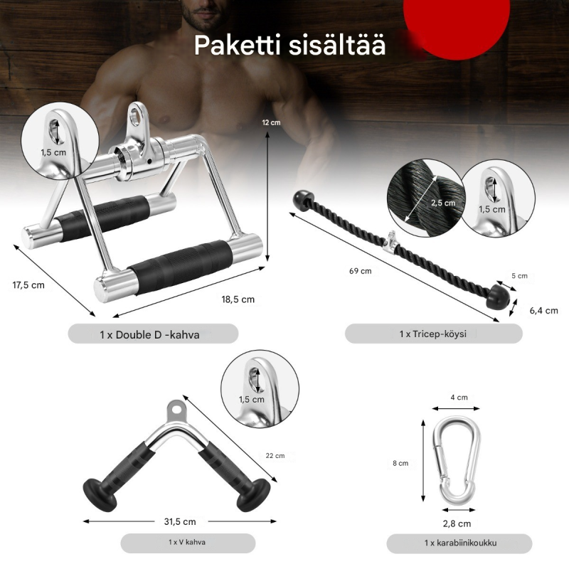 Monipuolinen kaapelikoneen lisävarustesetti kotiin musta ja hopea