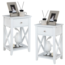 2 kpl kaksiosainen valkoinen yöpöytä laatikolla ja hyllyllä