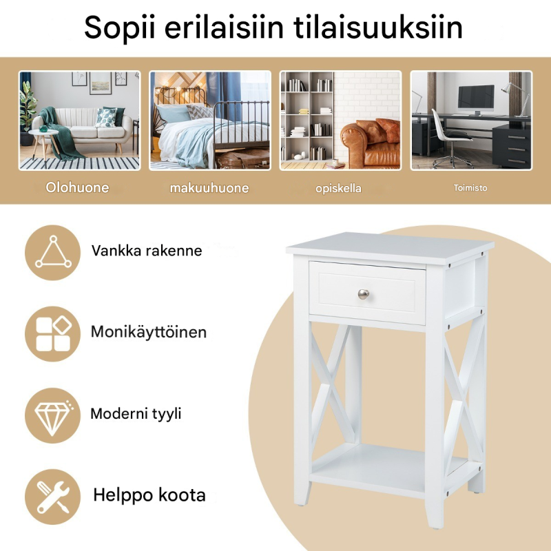 2 kpl kaksiosainen valkoinen yöpöytä laatikolla ja hyllyllä