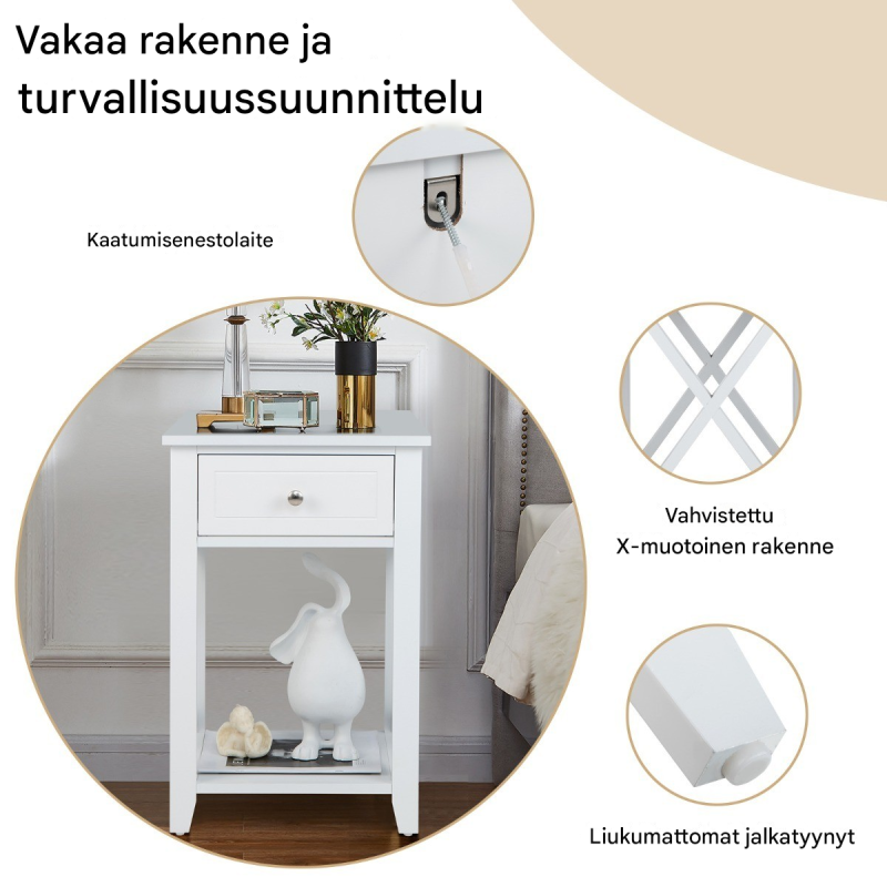 2 kpl kaksiosainen valkoinen yöpöytä laatikolla ja hyllyllä