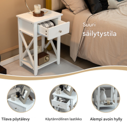 2 kpl kaksiosainen valkoinen yöpöytä laatikolla ja hyllyllä