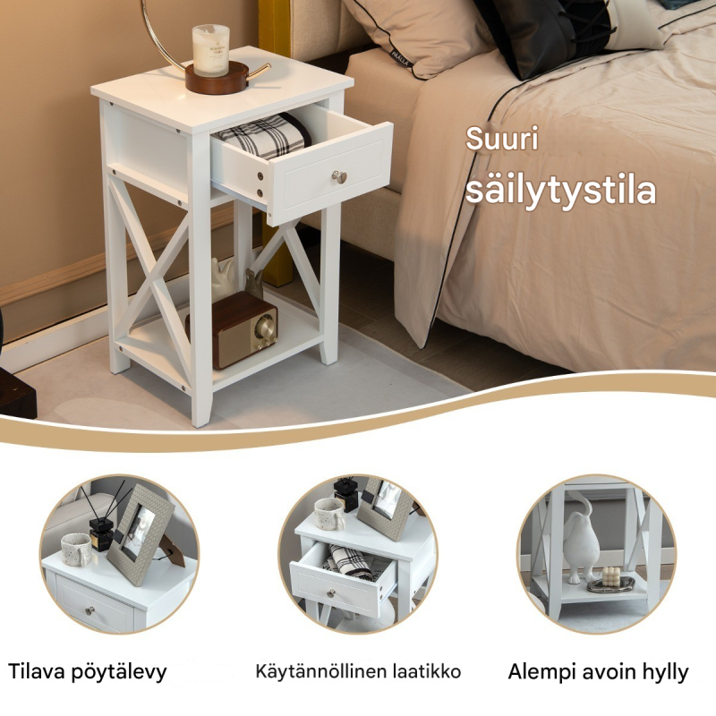 2 kpl kaksiosainen valkoinen yöpöytä laatikolla ja hyllyllä