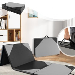 Taitettava harmaa voimistelumatto kantokahvoilla ja tarrasulkimilla