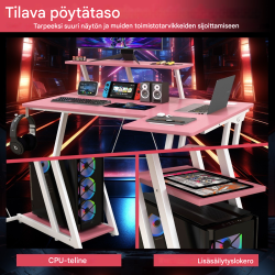 L-muotoinen pelipöytä pistorasioilla ja USB-porteilla, vaaleanpunainen