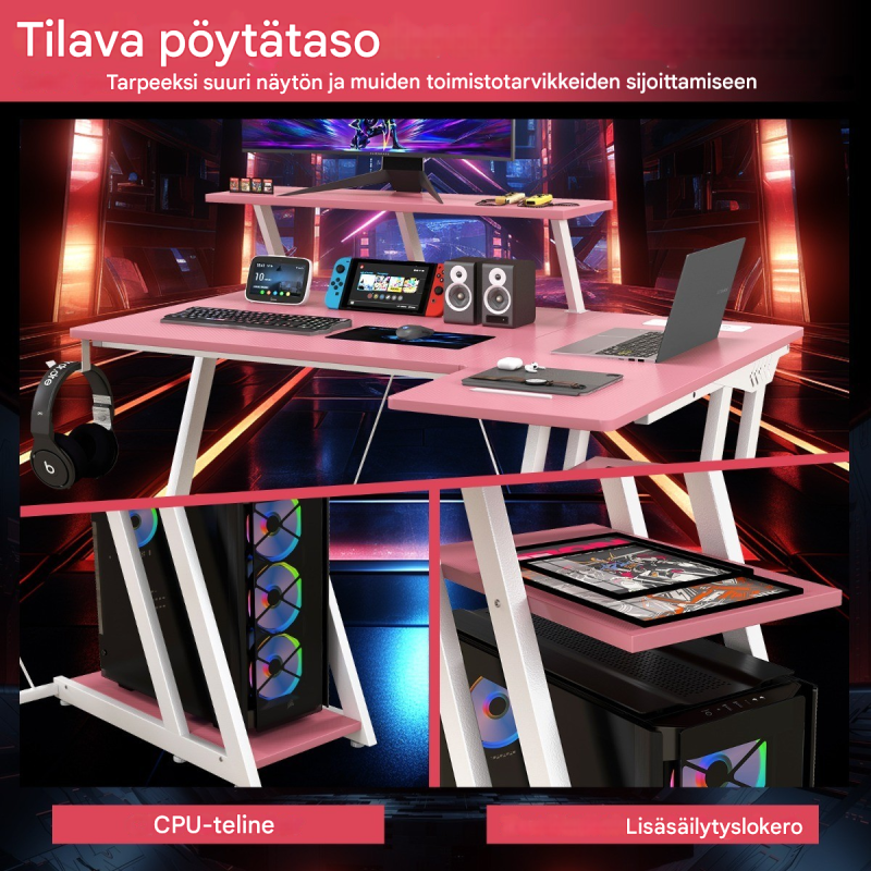 L-muotoinen pelipöytä pistorasioilla ja USB-porteilla, vaaleanpunainen