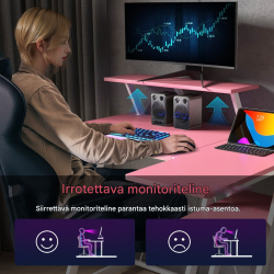 L-muotoinen pelipöytä pistorasioilla ja USB-porteilla, vaaleanpunainen