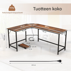 L-muotoinen ruskea tietokonepöytä pistorasialla ja PC-telineellä