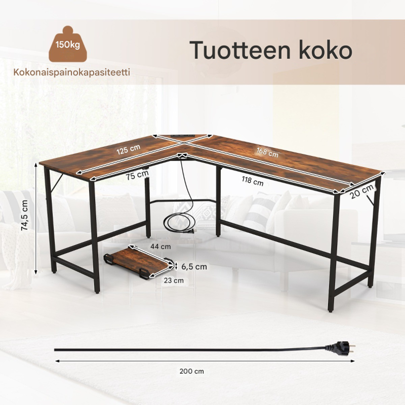 L-muotoinen ruskea tietokonepöytä pistorasialla ja PC-telineellä