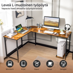 L-muotoinen ruskea tietokonepöytä pistorasialla ja PC-telineellä