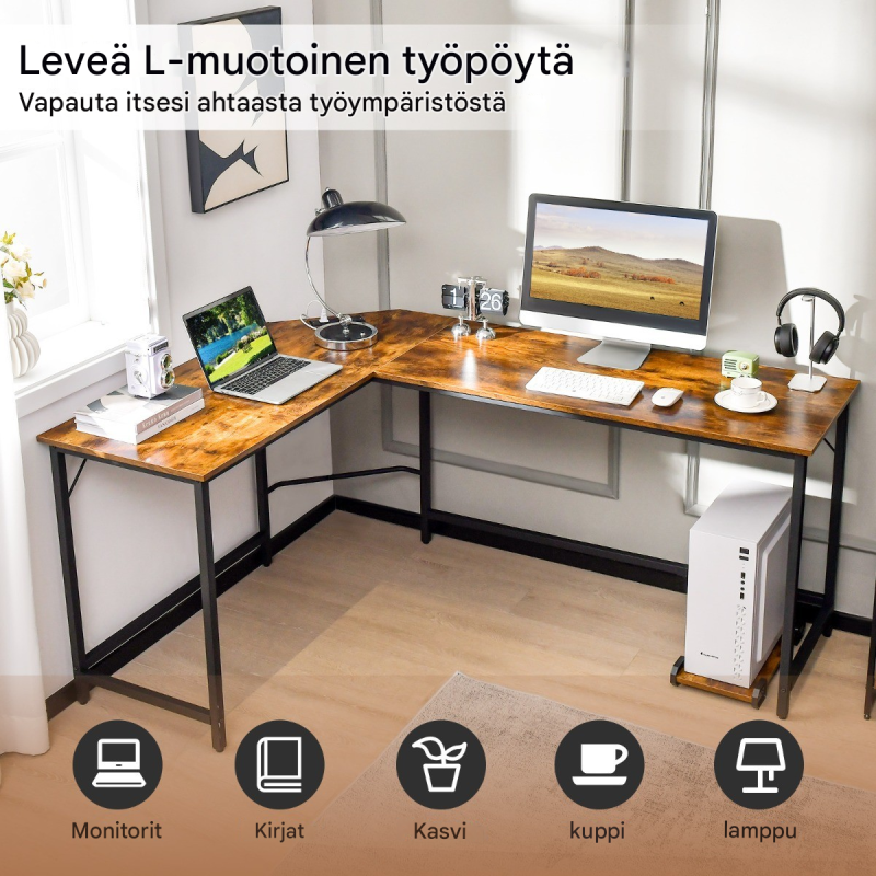 L-muotoinen ruskea tietokonepöytä pistorasialla ja PC-telineellä