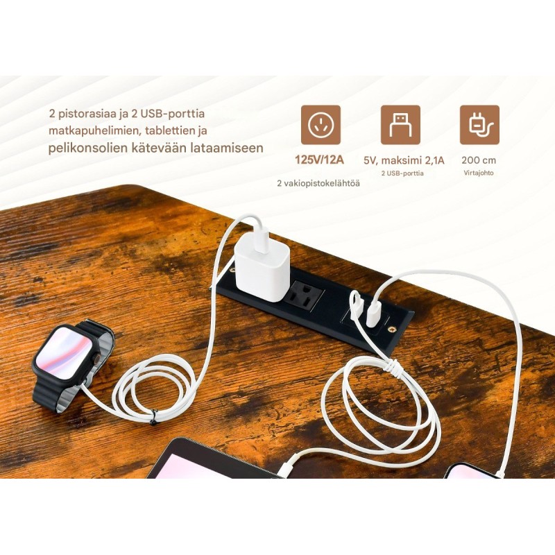 L-muotoinen ruskea tietokonepöytä pistorasialla ja PC-telineellä