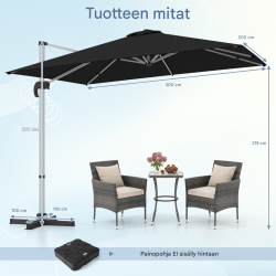 Suuri musta terassivarjo 300x300 cm kääntyvä ja kallistettava