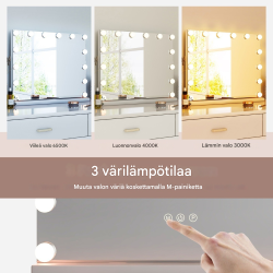 Hollywood-peili valkoisena, 14 LED-valoa, säädettävä kirkkaus