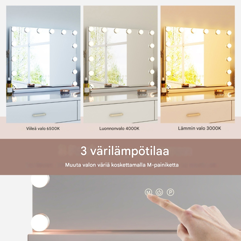 Hollywood-peili valkoisena, 14 LED-valoa, säädettävä kirkkaus