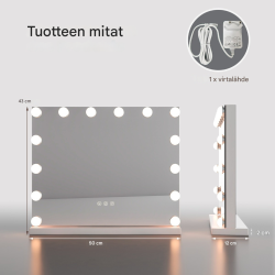 Hollywood-peili valkoisena, 14 LED-valoa, säädettävä kirkkaus