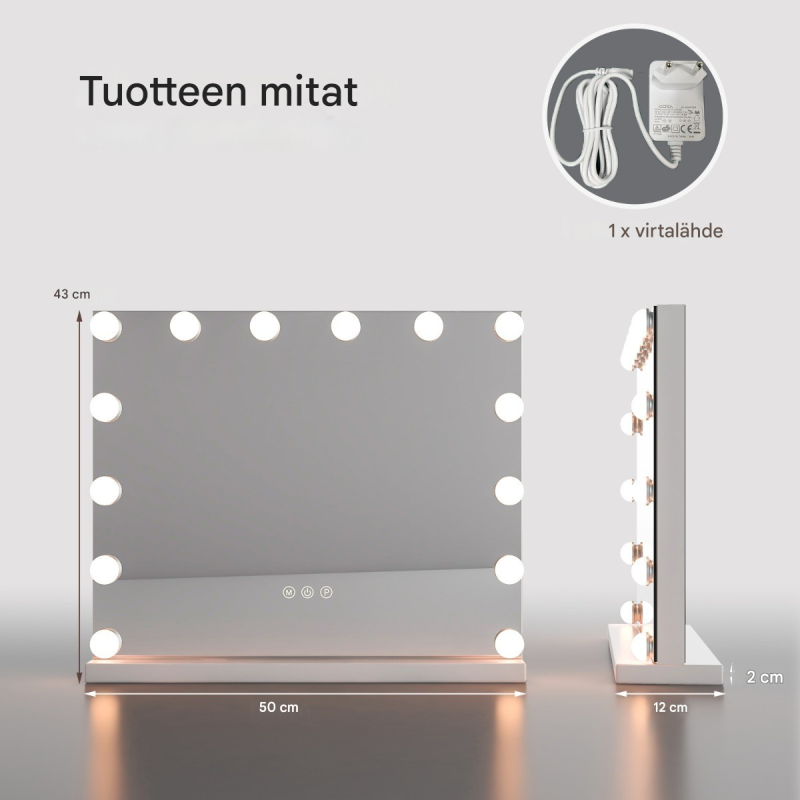 Hollywood-peili valkoisena, 14 LED-valoa, säädettävä kirkkaus