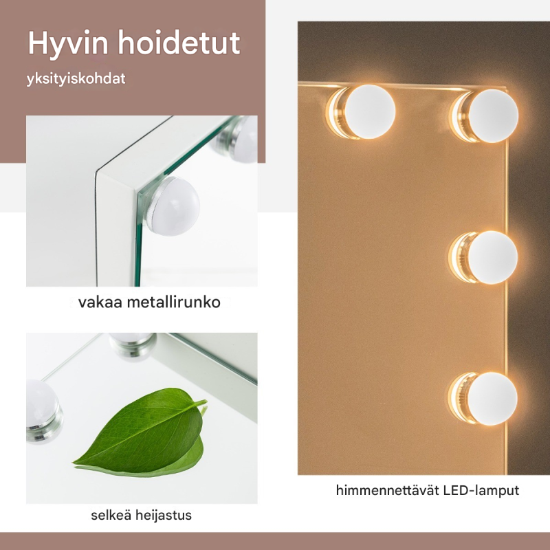 Hollywood-peili valkoisena, 14 LED-valoa, säädettävä kirkkaus