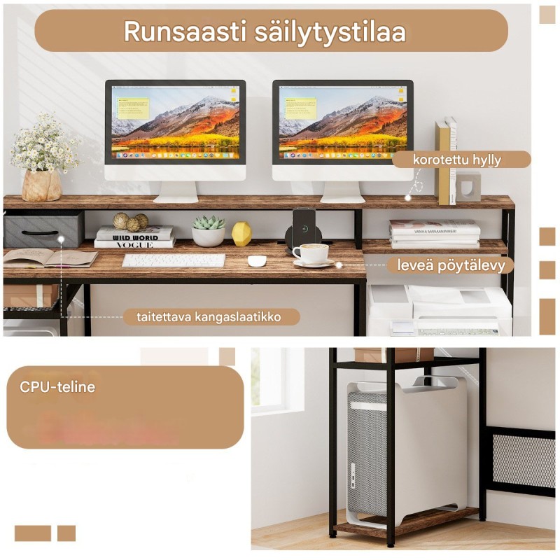 Työpöytä pistorasioilla, USB-porteilla ja monitoritelineellä, ruskea