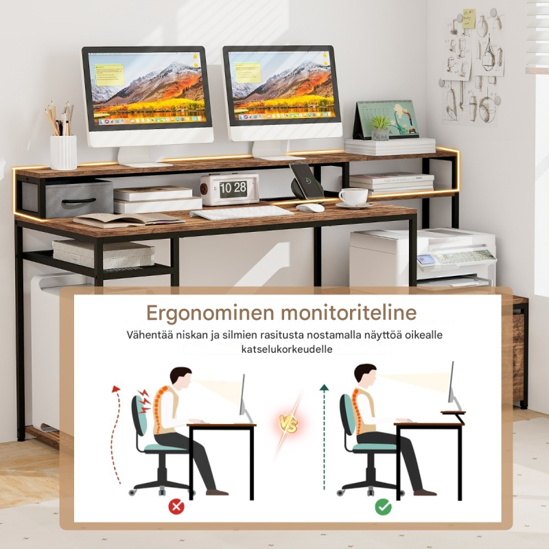 Työpöytä pistorasioilla, USB-porteilla ja monitoritelineellä, ruskea