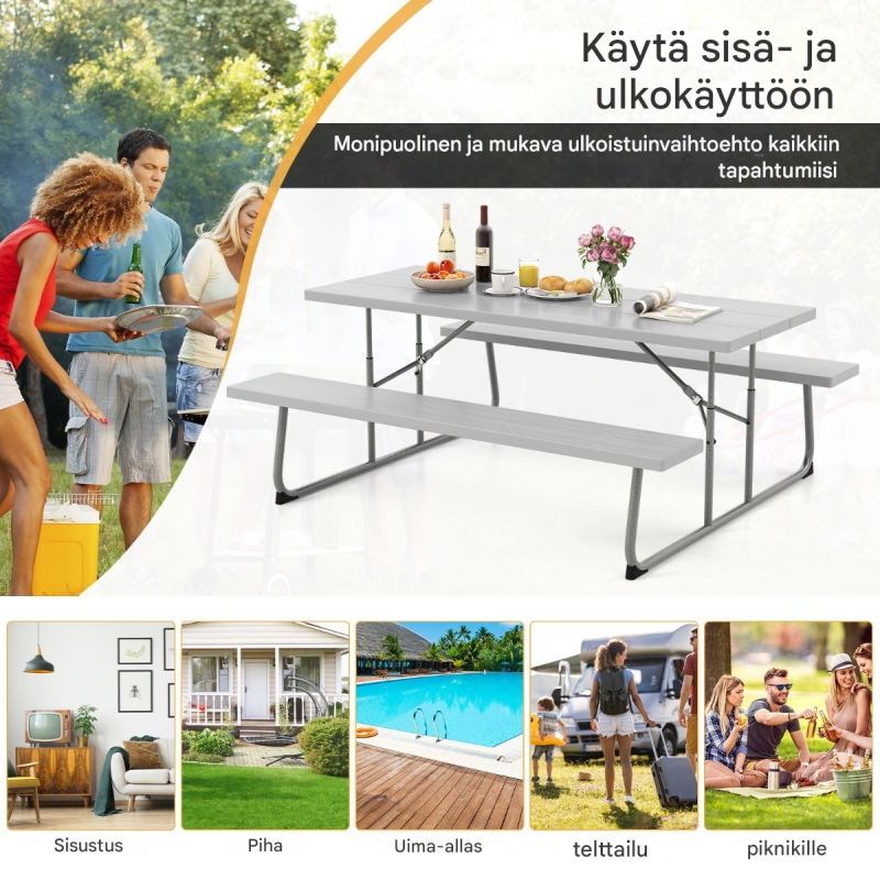Taitettava harmaa piknikpöytäsetti kahdella penkillä ulkokäyttöön