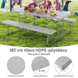 Taitettava harmaa piknikpöytäsetti kahdella penkillä ulkokäyttöön