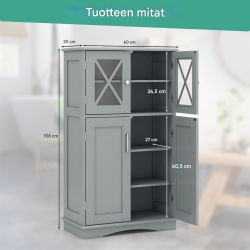 Harmaa kylpyhuonekaappi lasiovilla ja säädettävillä hyllyillä