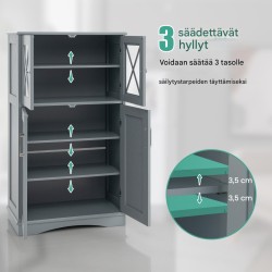 Harmaa kylpyhuonekaappi lasiovilla ja säädettävillä hyllyillä