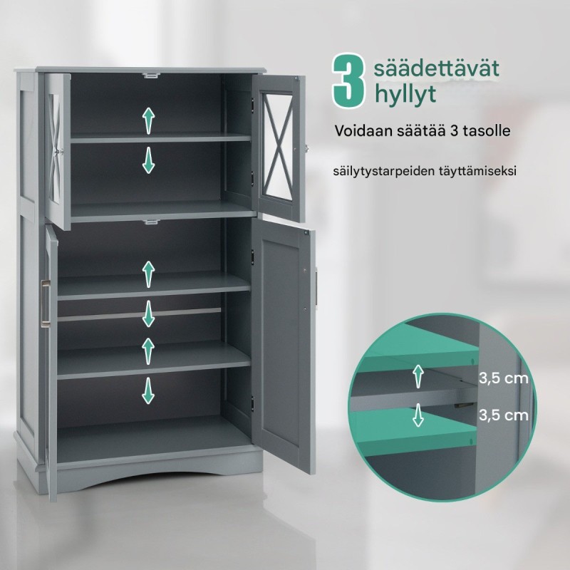 Harmaa kylpyhuonekaappi lasiovilla ja säädettävillä hyllyillä