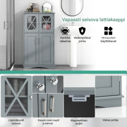 Harmaa kylpyhuonekaappi lasiovilla ja säädettävillä hyllyillä