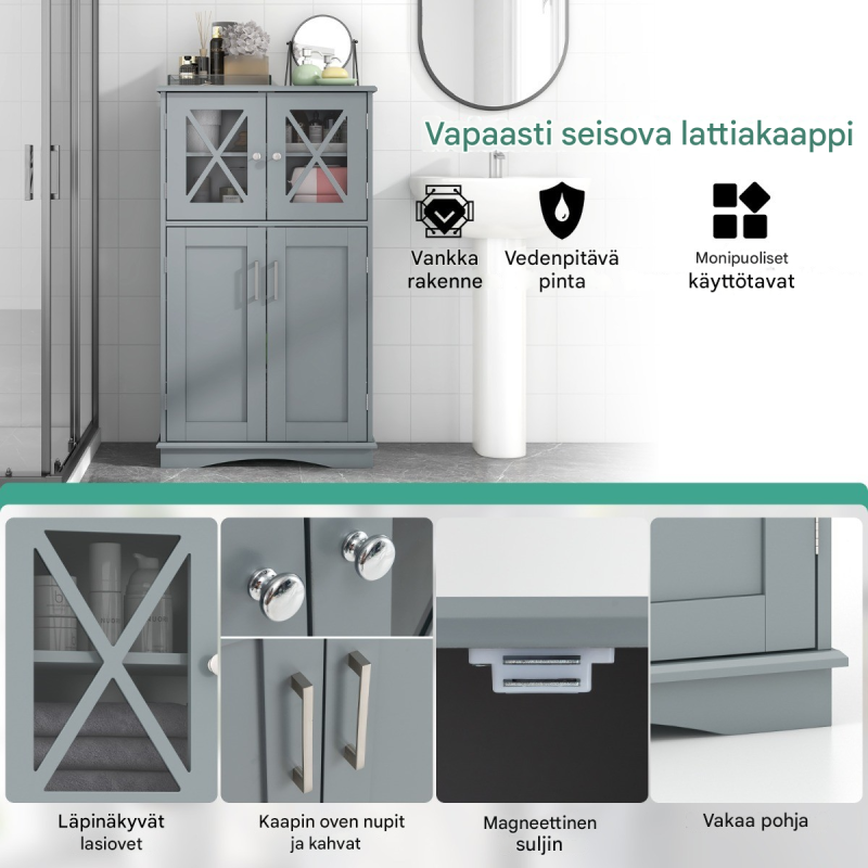 Harmaa kylpyhuonekaappi lasiovilla ja säädettävillä hyllyillä