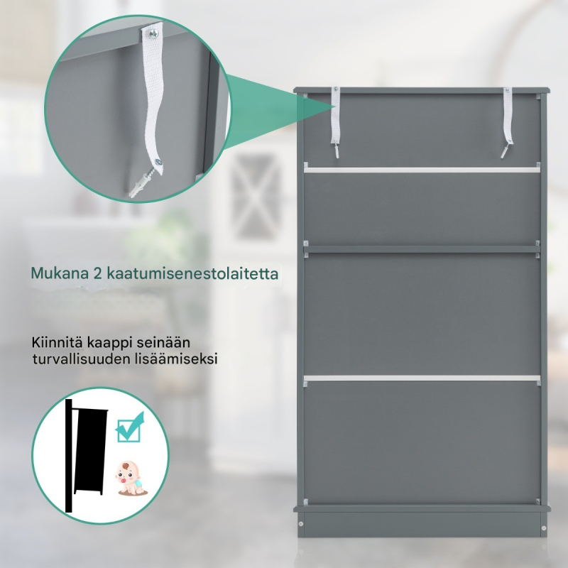 Harmaa kylpyhuonekaappi lasiovilla ja säädettävillä hyllyillä