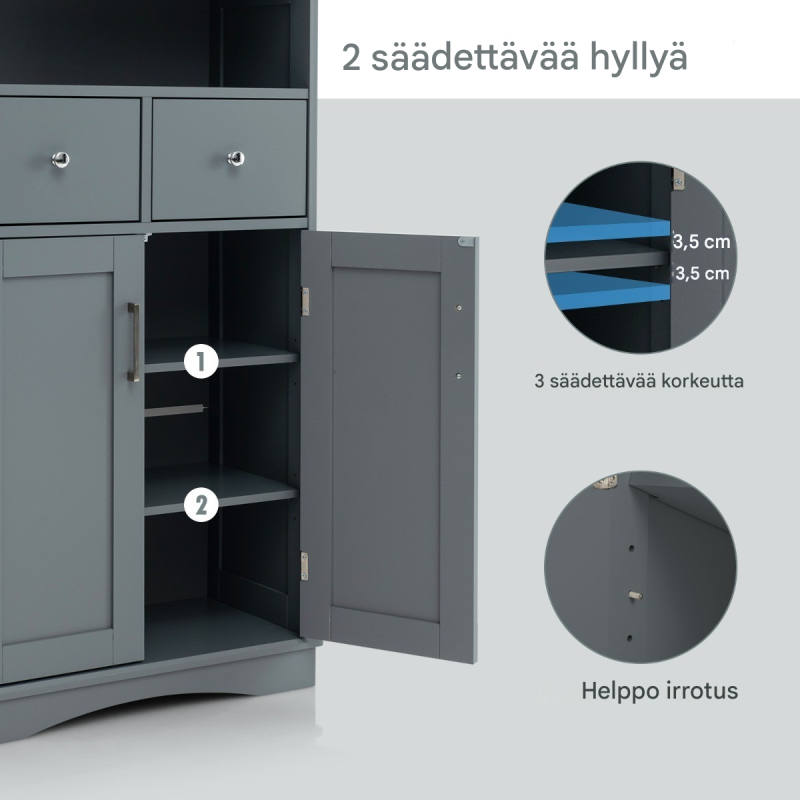 Harmaa kylpyhuonekaappi säädettävillä hyllyillä ja laatikoilla Harmaa kylpyhuonekaappi säädettävillä hyllyillä ja laatikoilla