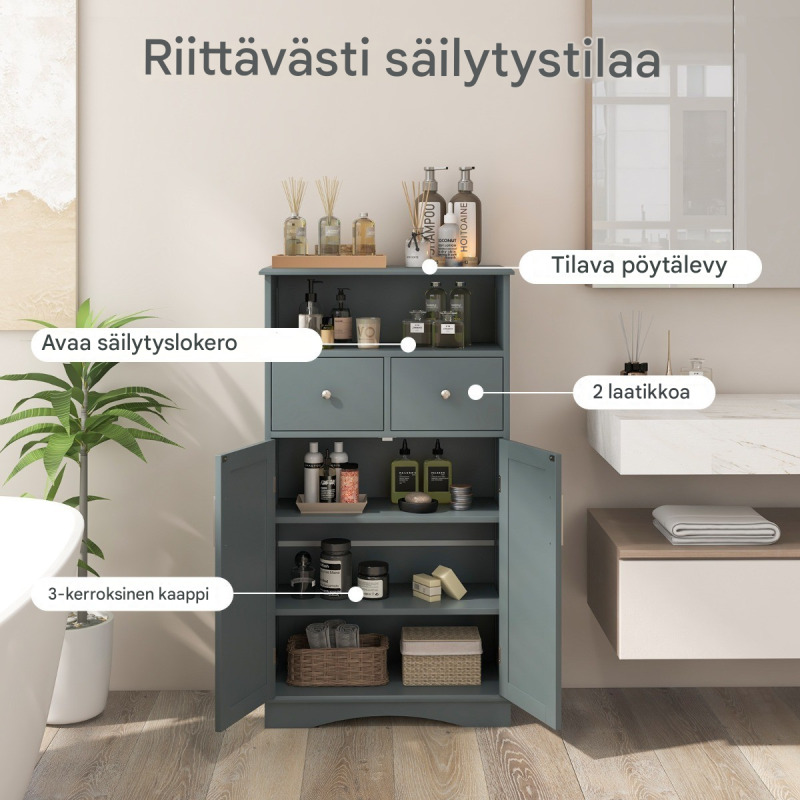 Harmaa kylpyhuonekaappi säädettävillä hyllyillä ja laatikoilla Harmaa kylpyhuonekaappi säädettävillä hyllyillä ja laatikoilla